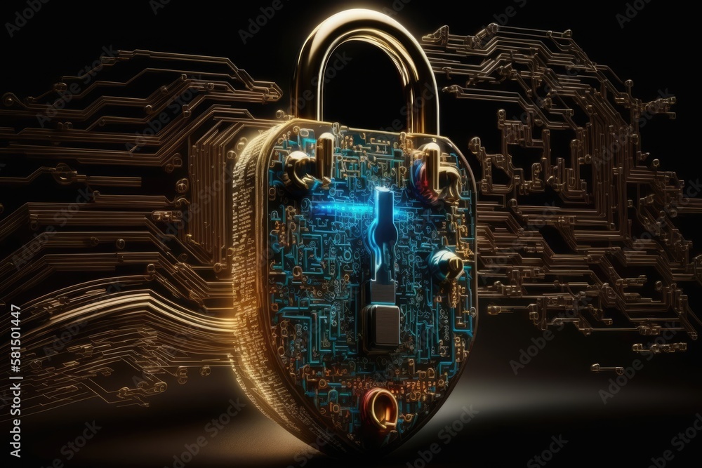 Poster notion for global network security key cybersecurity. digital background with an abstract motherboar