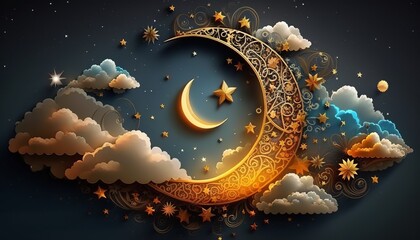 Ramadan Kareem background with crescent, stars and clouds, Generative ai
