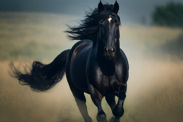a black horse from the front running in a field Generative AI