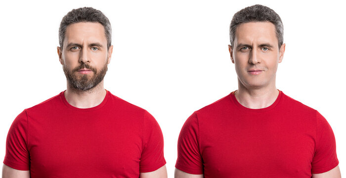 Portrait of unshaven and clean-shaven man. Face of man with beard and clean shaven