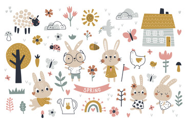 vector illustration of cute bunnies and houses - 581502066