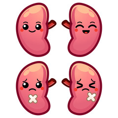 Happy funny strong works cute kidneys character.Vector flat illustration icon design.Isolated on white background.Kidneys flat health idea,good working,cartoon mascot child,baby,kids face concept