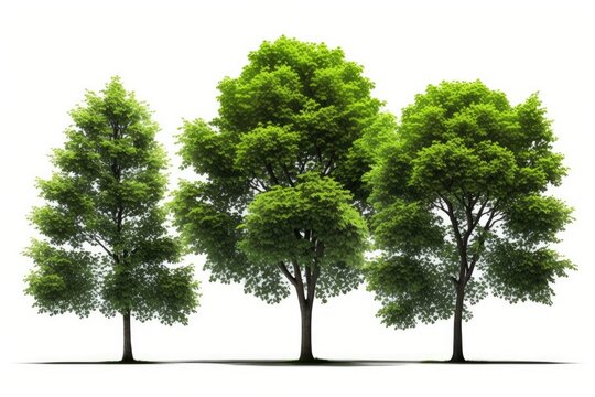 Isolated green trees against a white background. are Summertime forests and foliage available as cut path and alpha channel web pages. Generative AI