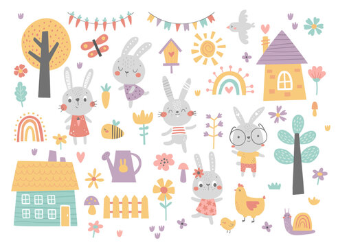 vector set of cute spring bunnies and items