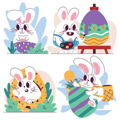 easter bunny with eggs and flowers and Easter seamless pattern with rabbits and bunny free vector