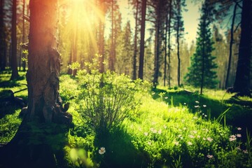 Green Grass And Sunny Forest Trees In The Summer. Sunlight and natural wood background. Quick Toned Image. Generative AI