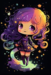 Sweet and Cheerful Cartoon Girl with Purple Hair and Cute Little Dress Generative AI