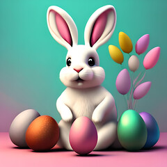 Fototapeta premium little white rabbit with colorful easter eggs