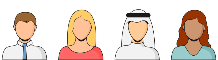 People of different nationalities, women and men, faces for posters, infographics, brochures vector illustration
