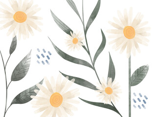 Fondo de flores margaritas con efecto acuarela y hojas decorativas