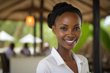 Beautiful black female receptionist at the counter of a tropical hotel, restaurant or spa. Journey to the ancient world in virtual reality. Photorealistic drawing generative AI.