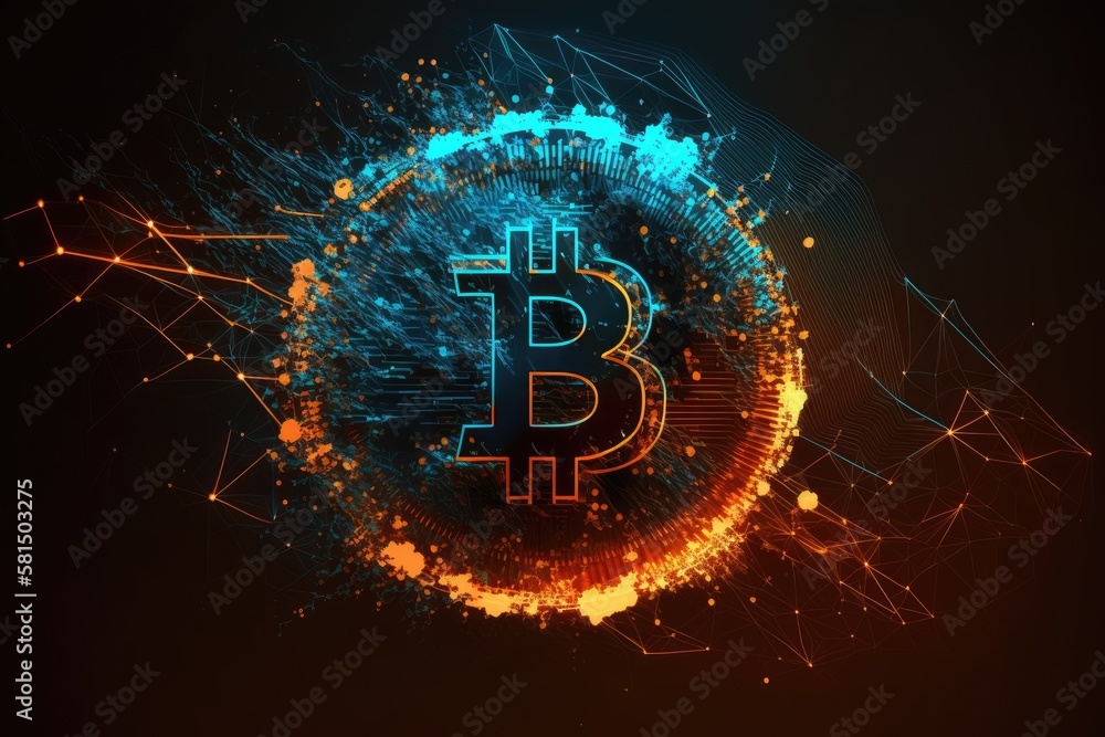 Poster bitcoin background with glowing polygons. concept of finance and cryptocurrencies. generative ai