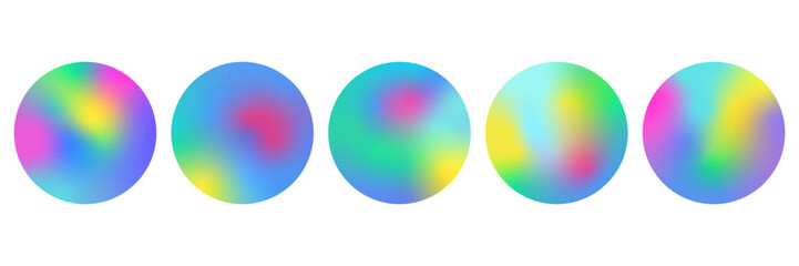 Y2k aesthetic. Holographic highlight stories, cover templates design set. Blurry abstract backdrops. Round vector illustrations with rainbow gradient for social networks.