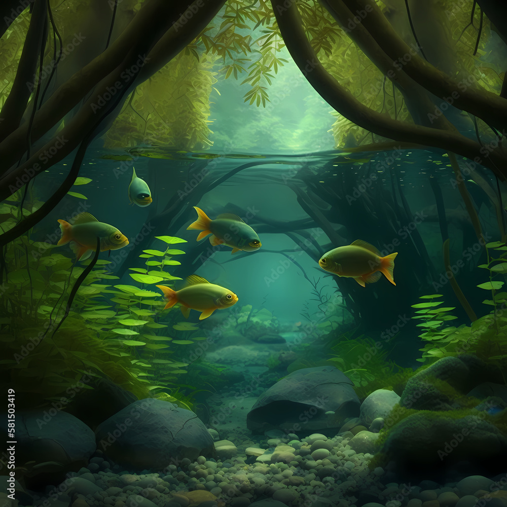 Wall mural Tetra Fish Habitats at Rain Forest River. Generative AI