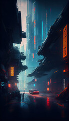 Cyberpunk background blurred city scene in matrix. AI render