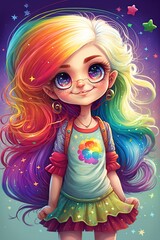 Obraz na płótnie Canvas Rainbow-haired Kawaii Girl, Adorable Cartoon Character in a Sweet Little Dress Generative AI