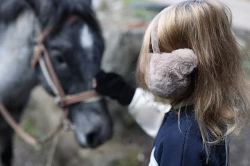 Fotobehang Small girl touching gray horse head close-up. © megaflopp