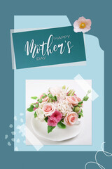 Happy Mother's Day text and flower bouquet in a cup. Modern collage greeting card