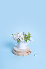 Spring still life composition with miniature watering can and apple blossoms on woodcuts