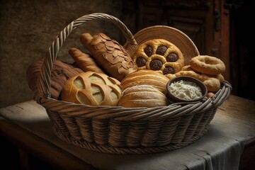 Old Spanish village bakery's bread basket. Generative AI