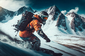 Mountain skier going down a snowy hill with a dramatic mountains landscape. Generative AI