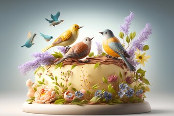 Easter cream cake, birds and flowers, light background. Generative AI