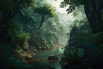 An example of a landscape that incorporates the idea of a tropical forest. Generative AI