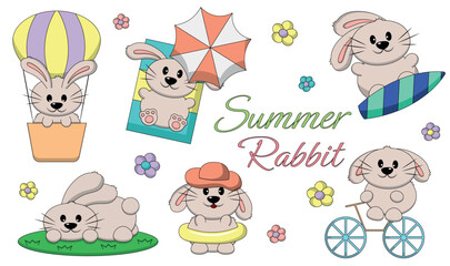 Set Cute Cartoon Summer Rabbit in color