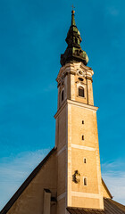 Fototapeta na wymiar Church with blue sky at Obernberg am Inn, Upper Austria, Austria