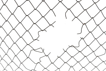 The texture of the metal mesh. Torn, destroyed, broken metal mesh on a white background