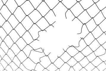 The texture of the metal mesh. Torn, destroyed, broken metal mesh on a white background