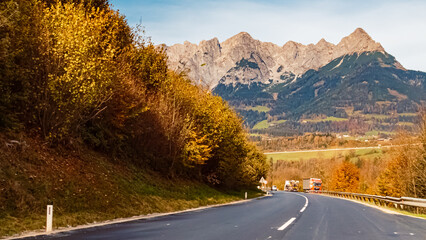 Alpine autumn or indian summer view with the Tennengebirge mountains near Werfen, Salzburg, Austria