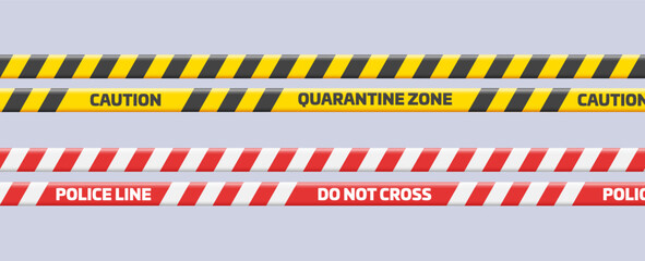 Caution and danger tapes. Warning tape. Black white and yellow or red line striped. Crime scene zone