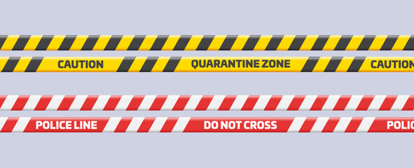 Caution and danger tapes. Warning tape. Black white and yellow or red line striped. Crime scene zone