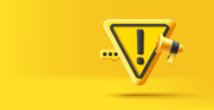 Important announcement 3d render soft shaped triangle, yellow with black lines, exclamation mark and message with megaphone