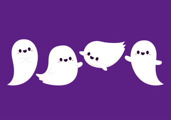 Happy halloween party greeting card with cute ghost. Holidays cartoon character. Trick or treat. Halloween funny cartoon.