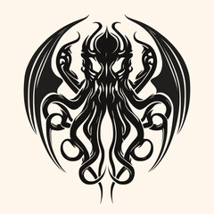 Black and White Cthulhu,Kraken Silhouette Ornament Vector Art for Logo and Icon
