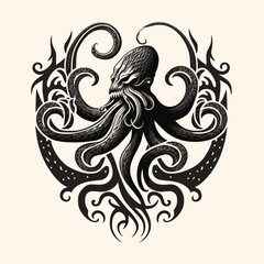 Naklejka premium Black and White Cthulhu,Kraken Silhouette Ornament Vector Art for Logo and Icon