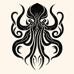 Black and White Cthulhu,Kraken Silhouette Ornament Vector Art for Logo and Icon
