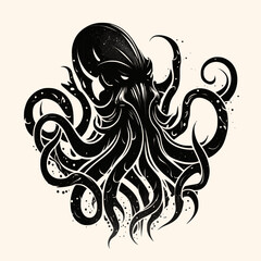 Black and White Cthulhu,Kraken Silhouette Ornament Vector Art for Logo and Icon