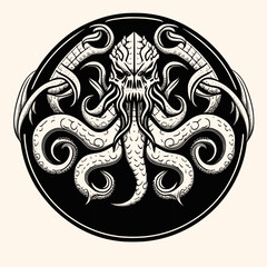 Black and White Cthulhu,Kraken Silhouette Ornament Vector Art for Logo and Icon