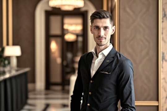 A male concierge stands in the lobby of a luxury hotel and smiles. Photorealistic illustration generative AI.