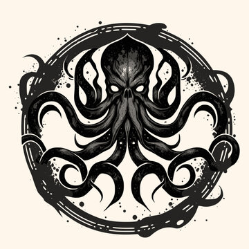 Black and White Cthulhu,Kraken Silhouette Ornament Vector Art for Logo and Icon