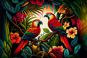Pattern of tropical leaves in bright and rich colors. Parrots among the leaves.