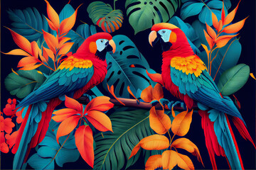 Obraz premium Pattern of tropical leaves in bright and rich colors. Parrots among the leaves.