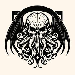 Black and White Cthulhu,Kraken Silhouette Ornament Vector Art for Logo and Icon