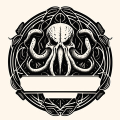 Black and White Cthulhu,Kraken Silhouette Ornament Vector Art for Logo and Icon