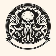Black and White Cthulhu,Kraken Silhouette Ornament Vector Art for Logo and Icon