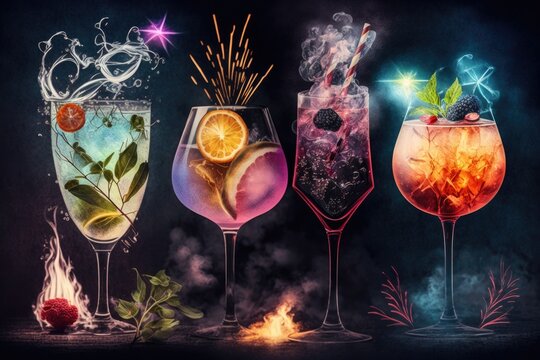 a variety of cocktails Fireworks in the background, martini spritz bar with brambles and gin tonic. Generative AI
