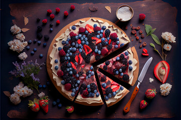 Fototapeta na wymiar Top view, round cake with berries cut into triangular pieces. The cake is surrounded by berries and mint leaves all around.
